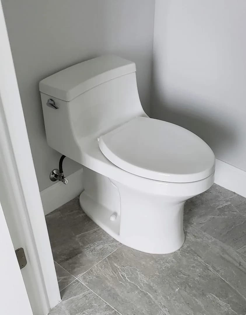 Newly installed one-piece toilet on gray marble tile